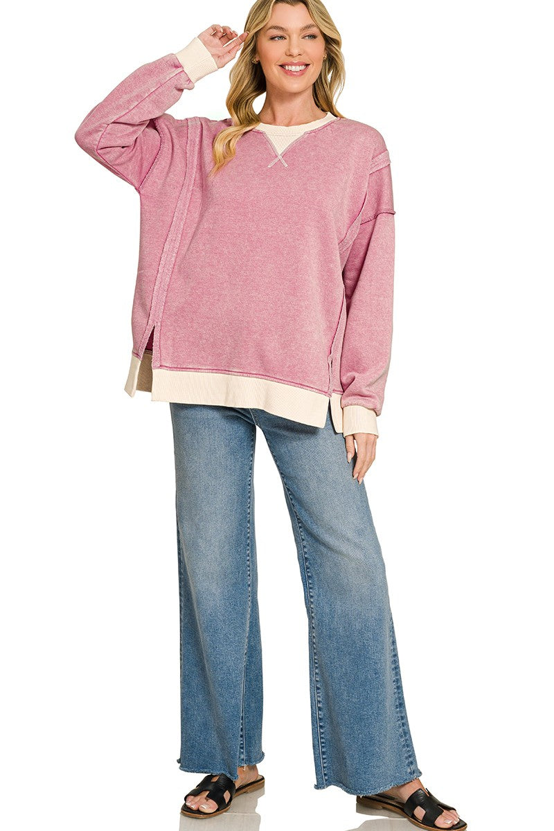 Fleece Acid Wash Contrast Trim Sweatshirt