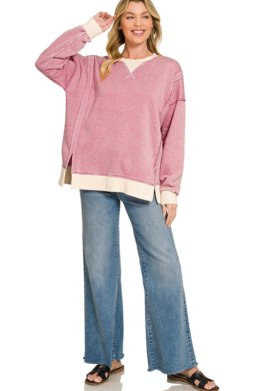 Fleece Acid Wash Contrast Trim Sweatshirt