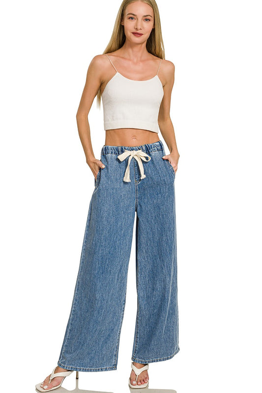 Wide Leg Drawstring Denim Pants