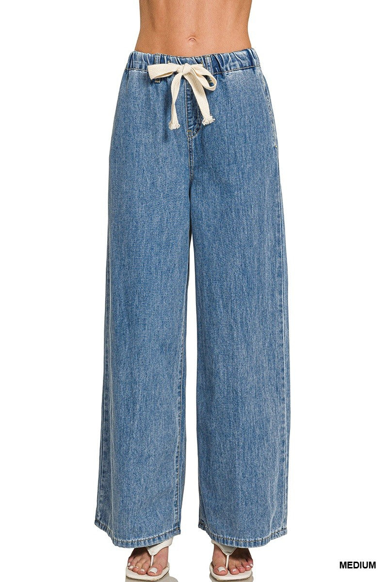Wide Leg Drawstring Denim Pants