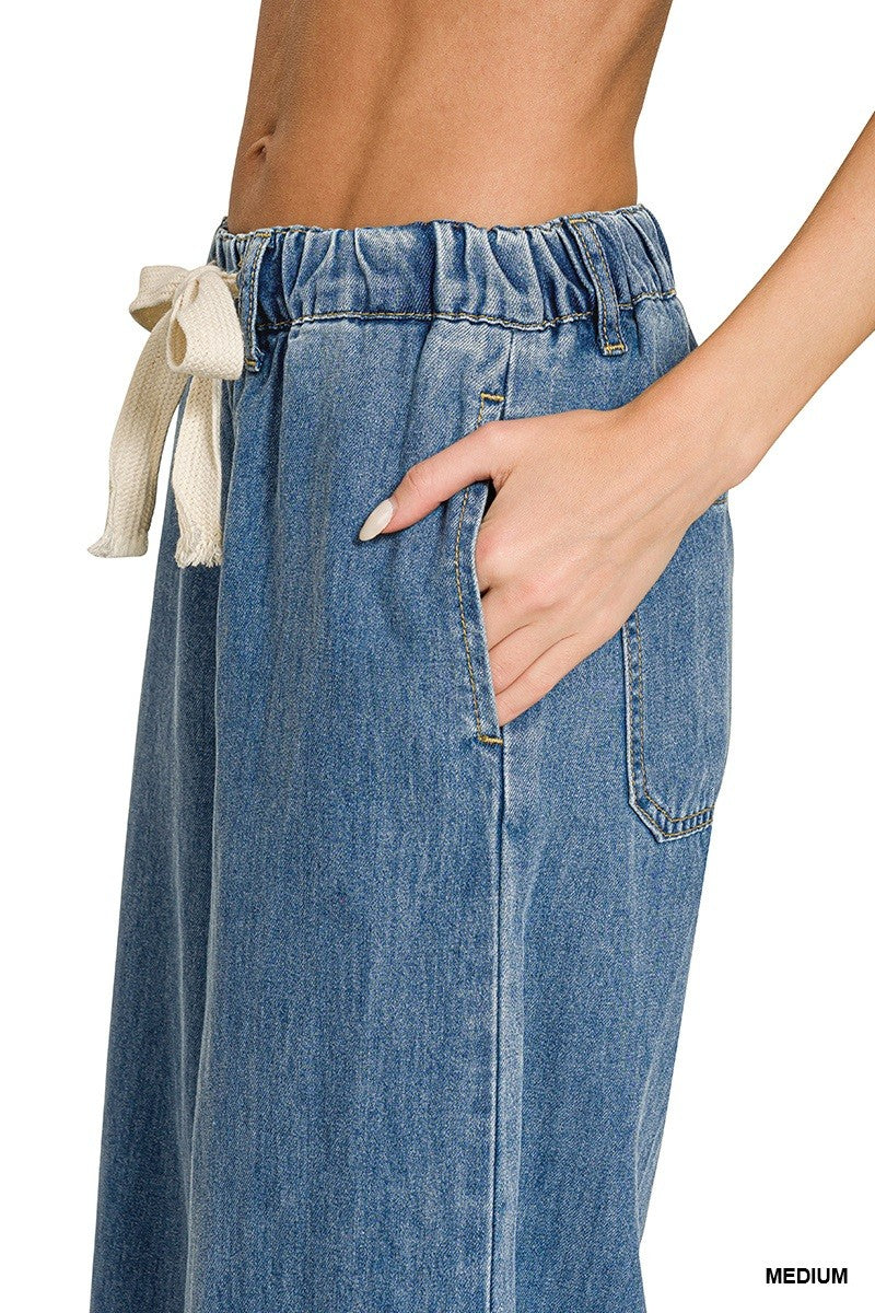 Wide Leg Drawstring Denim Pants