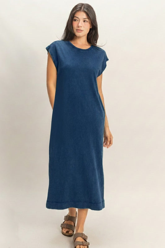 Mineral Wash Cap Sleeve Midi Dress
