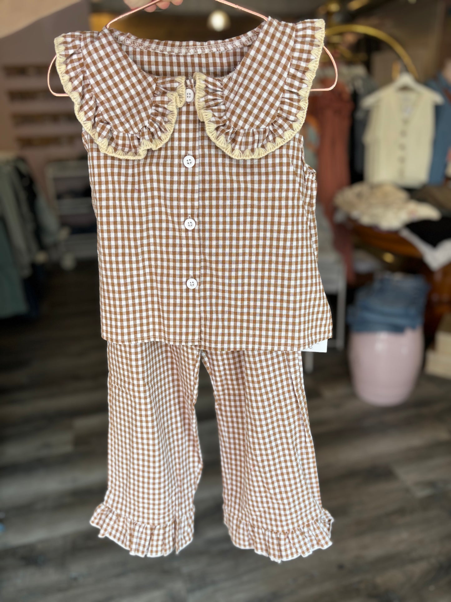 Kids Gingham Collar Blouse and Pant Set