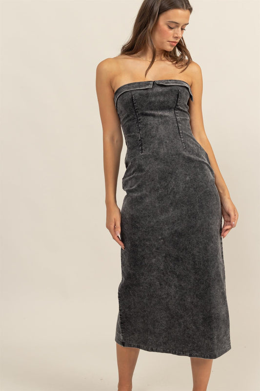 Mineral Wash Strapless Midi Dress