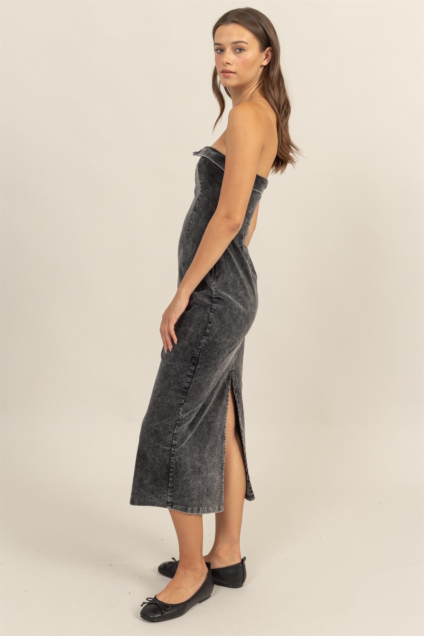 Mineral Wash Strapless Midi Dress