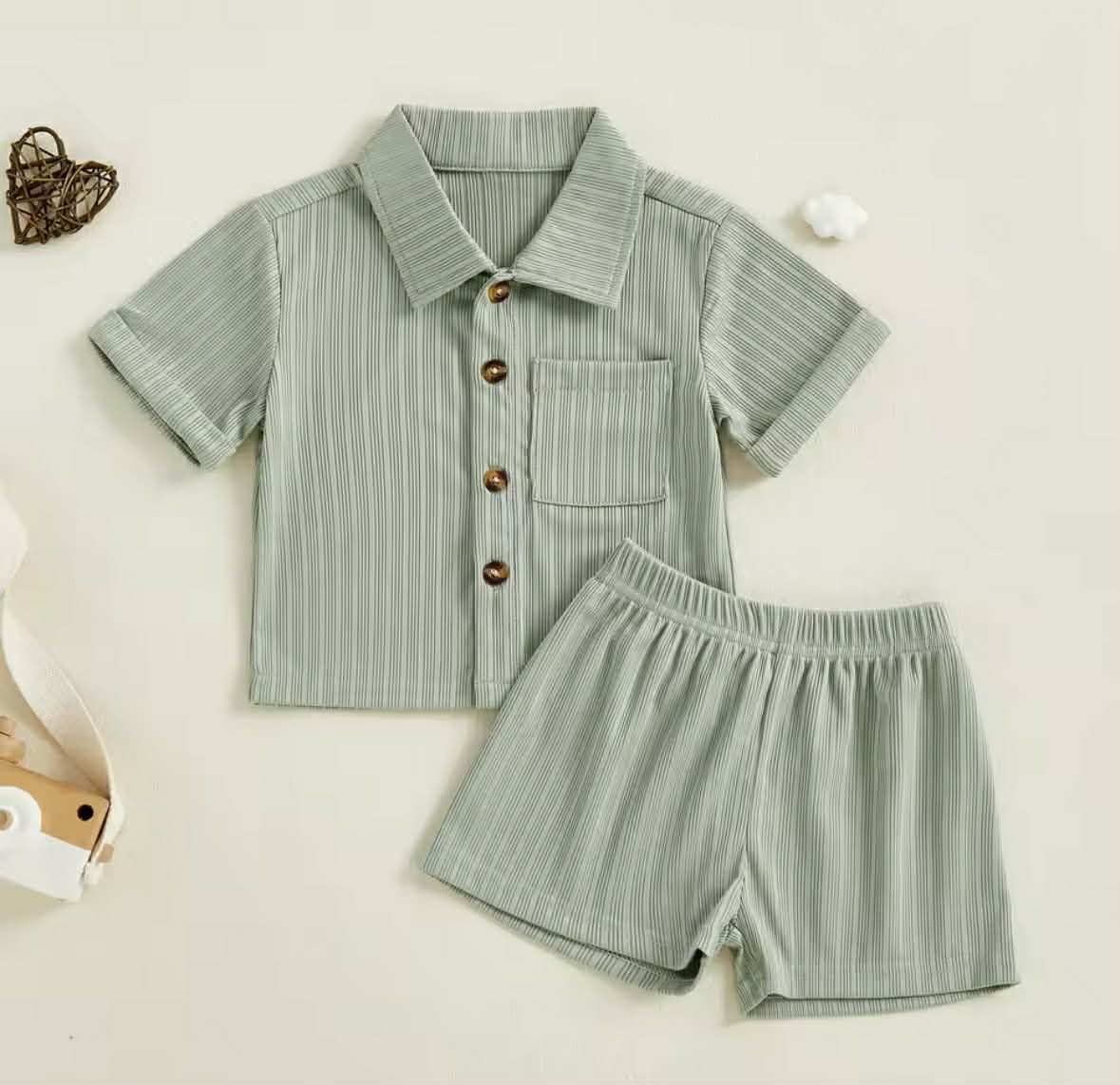 Kids Ribbed Button-Up Shirt and Short Set