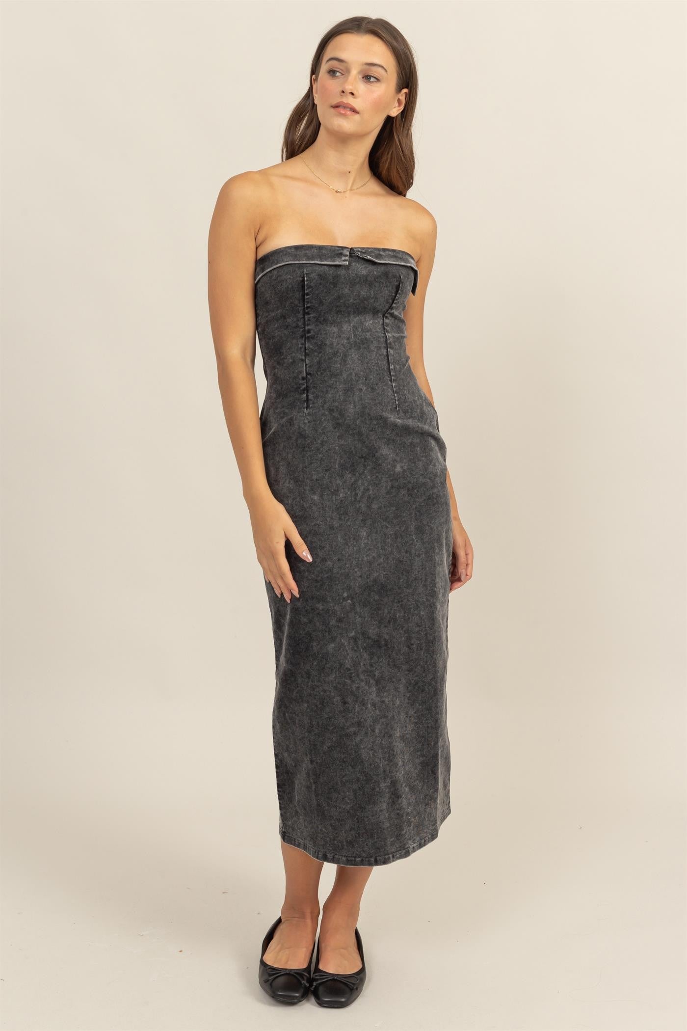 Mineral Wash Strapless Midi Dress