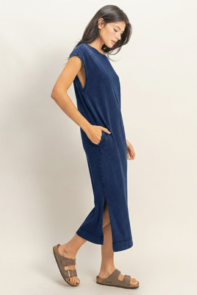 Mineral Wash Cap Sleeve Midi Dress