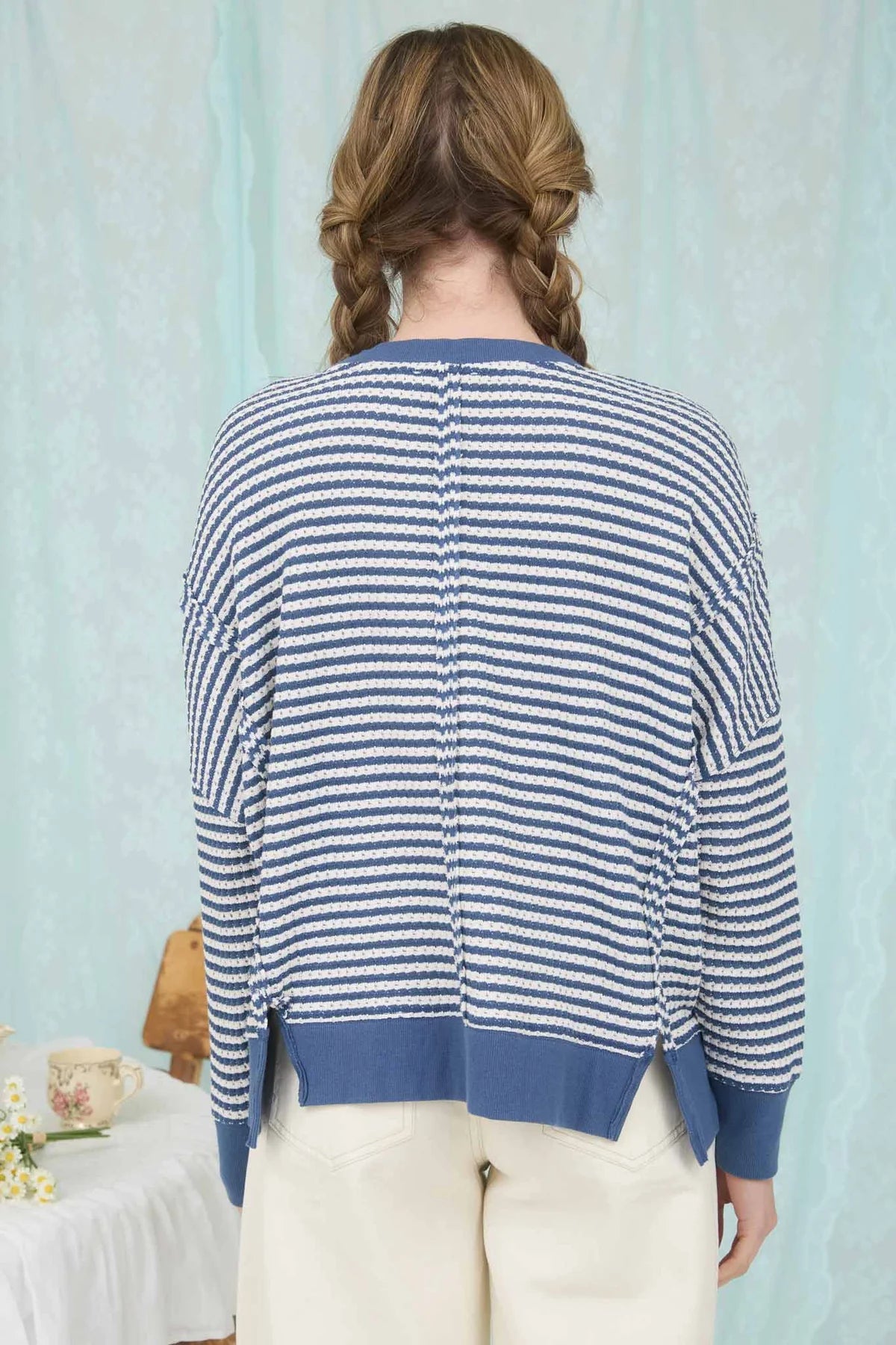 Exposed Seam Split Hem Stripe Long Sleeve Tee