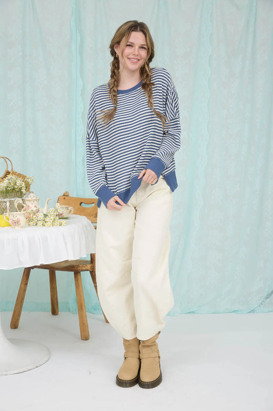Exposed Seam Split Hem Stripe Long Sleeve Tee