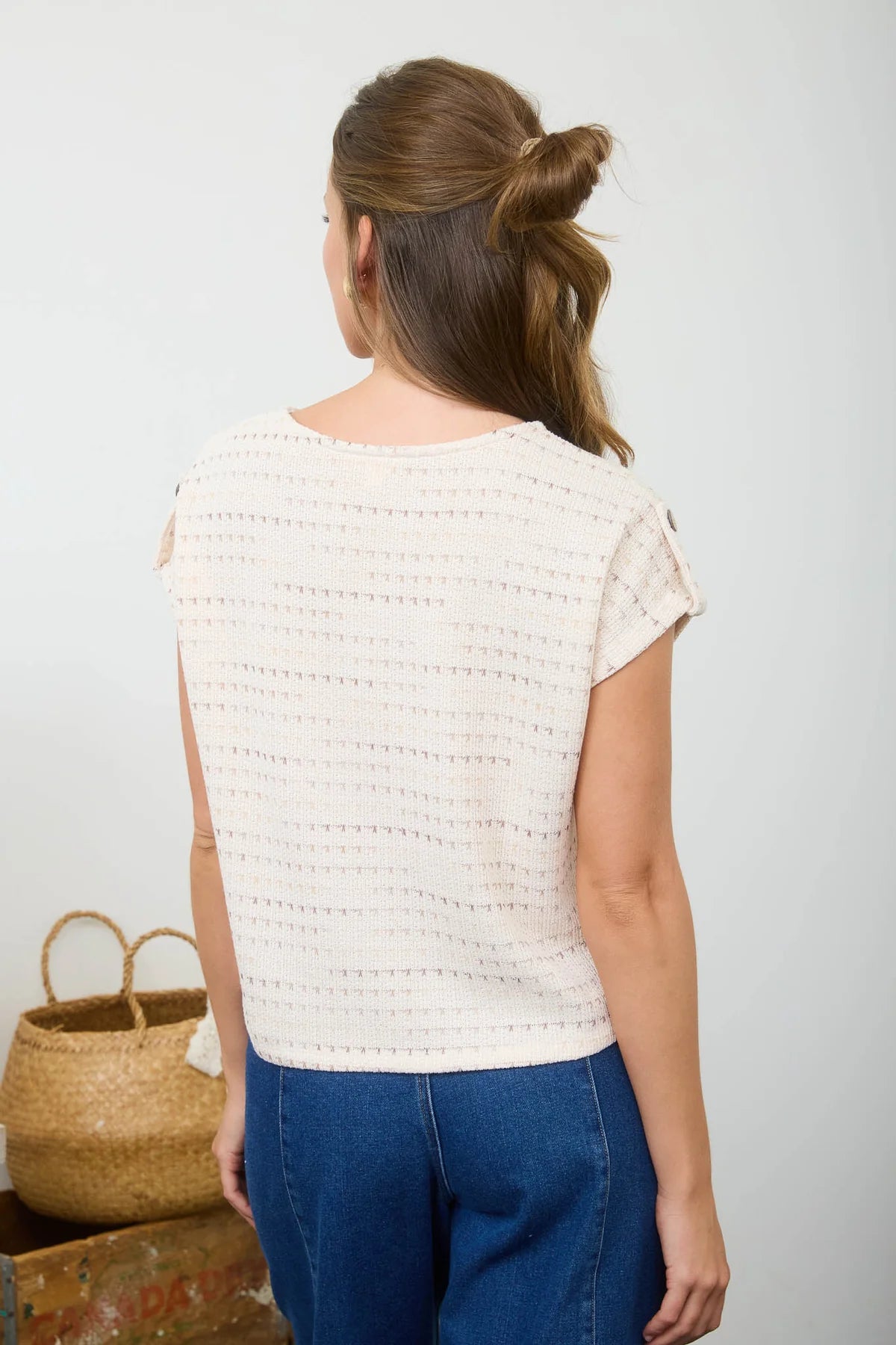 Split Neck Tab Sleeve Knit Top