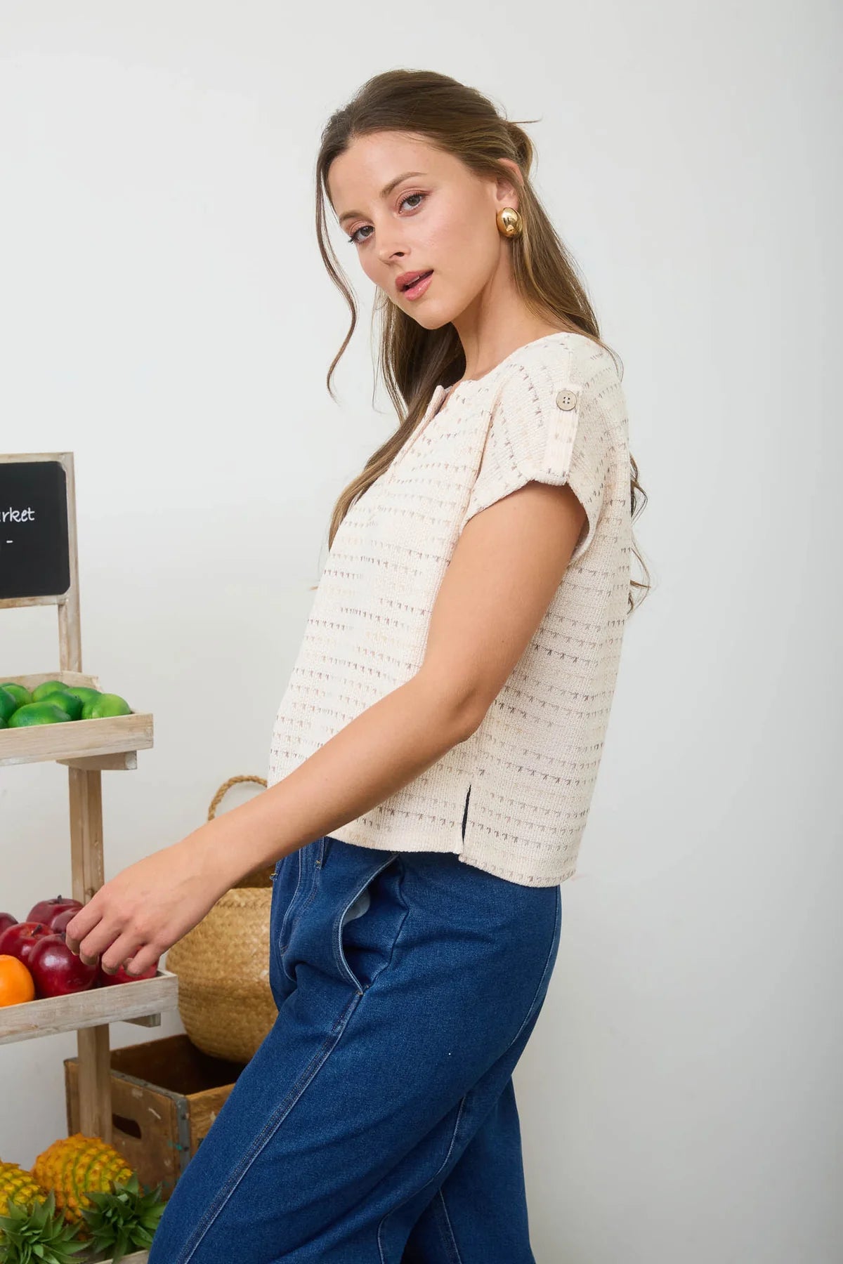 Split Neck Tab Sleeve Knit Top