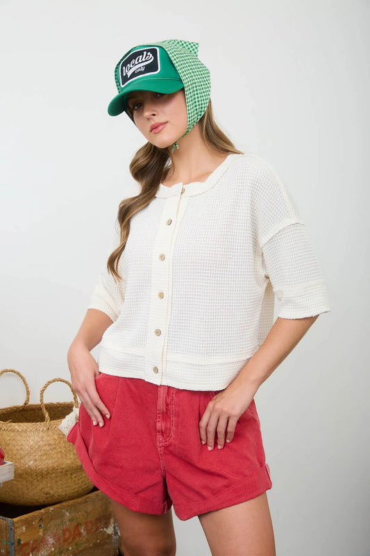 Waffle Button Down Short Sleeve Cardigan