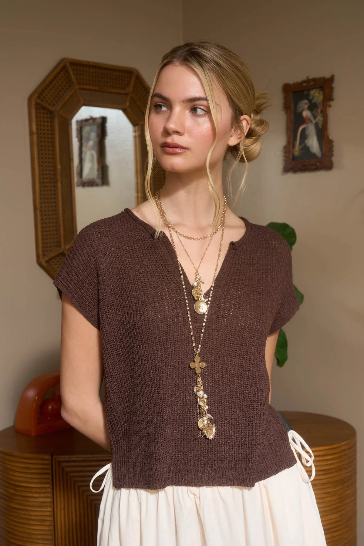 Split Neck Batwing Knit Sweater
