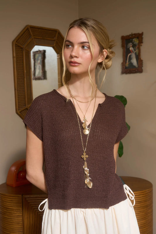 Split Neck Batwing Knit Sweater