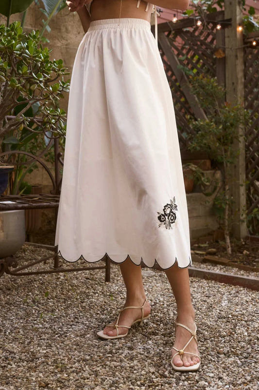 Embroidered Detail Scalloped Midi Skirt