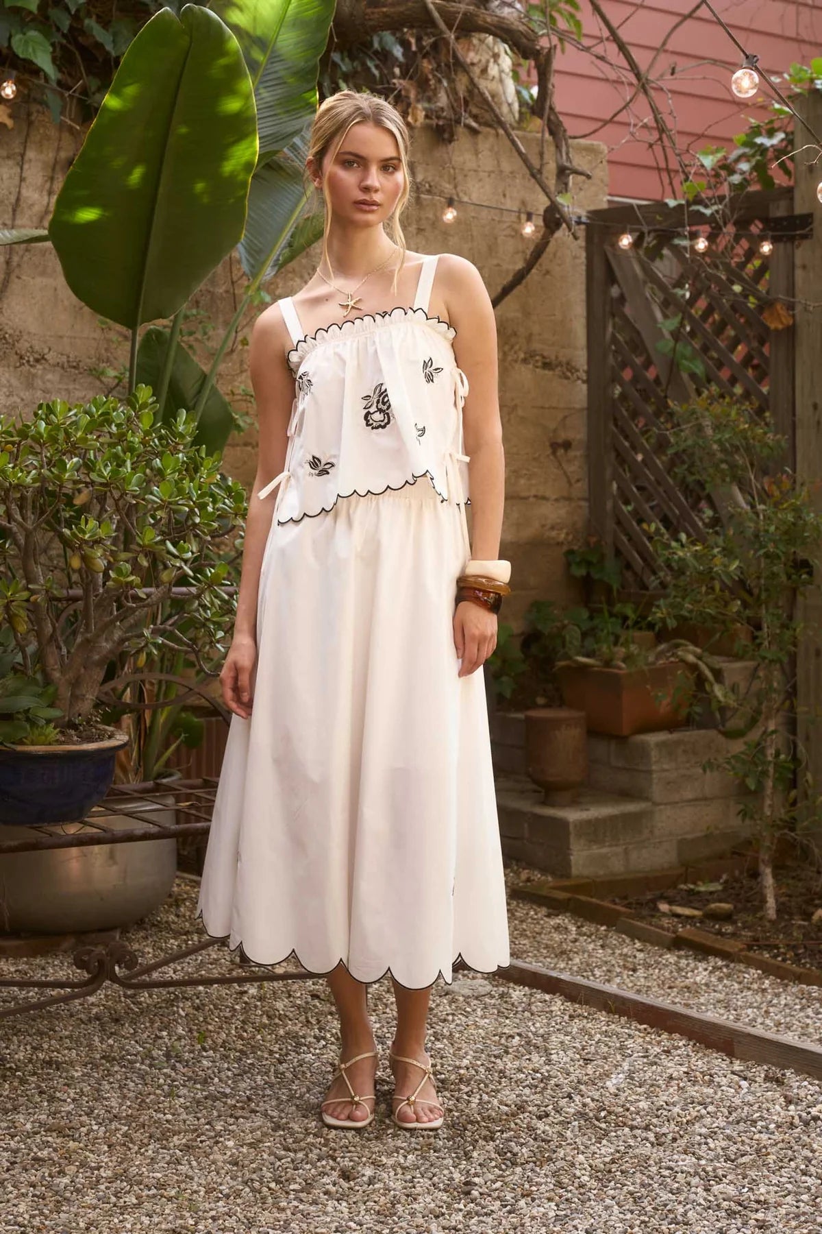 Embroidery Detail Scalloped Side Tie Top