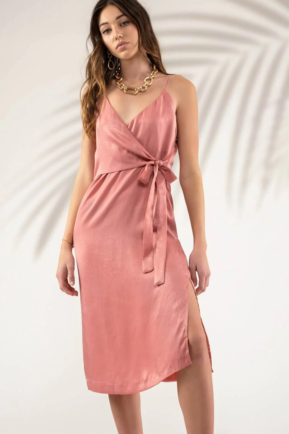 Side Slit Wrap Silky Midi Dress