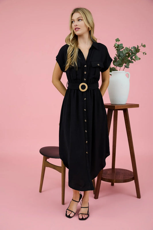 Collard Button Bown Dress with Belt
