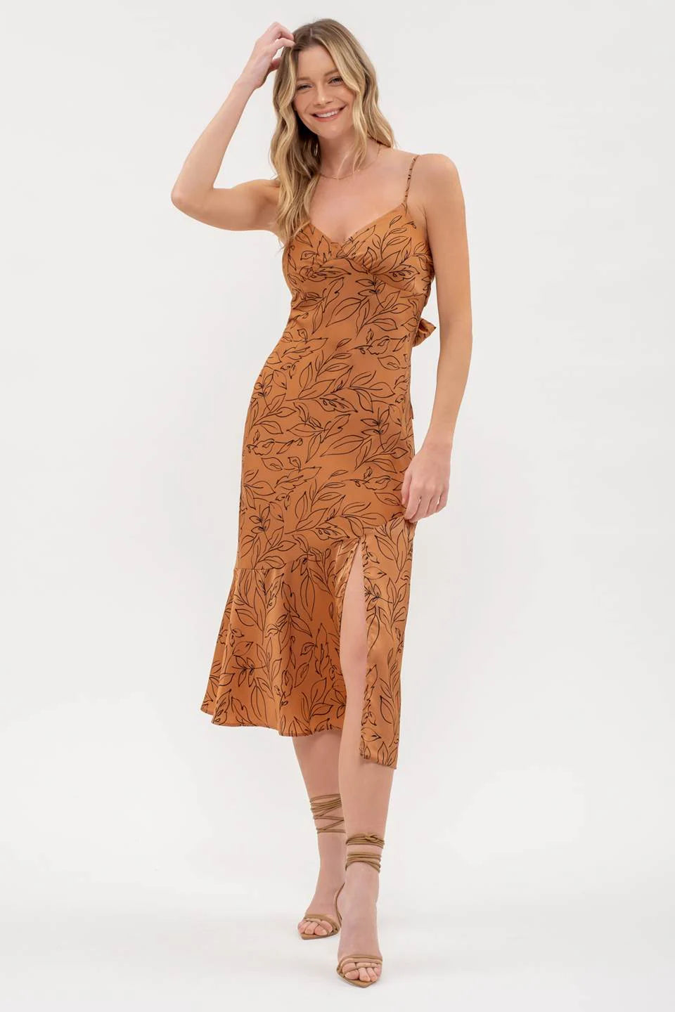 Leaf Print Satin Cami Dress