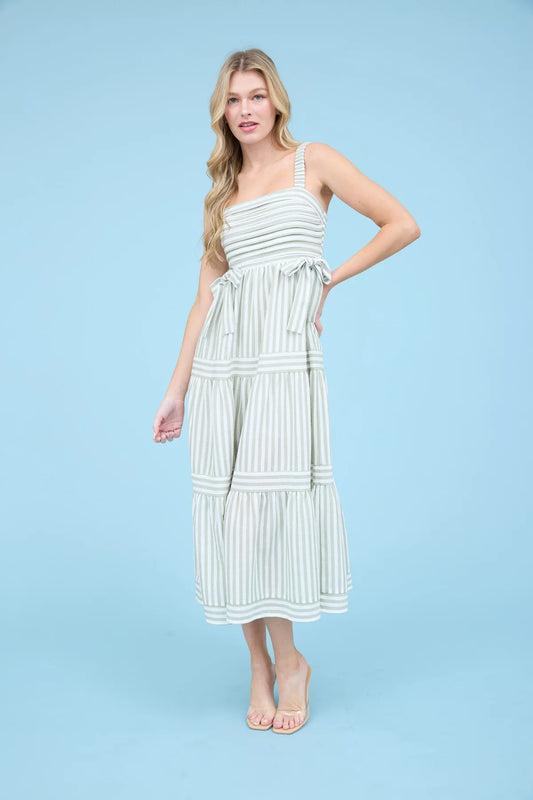 Stripe Tiered Midi Dress with Bow Detail