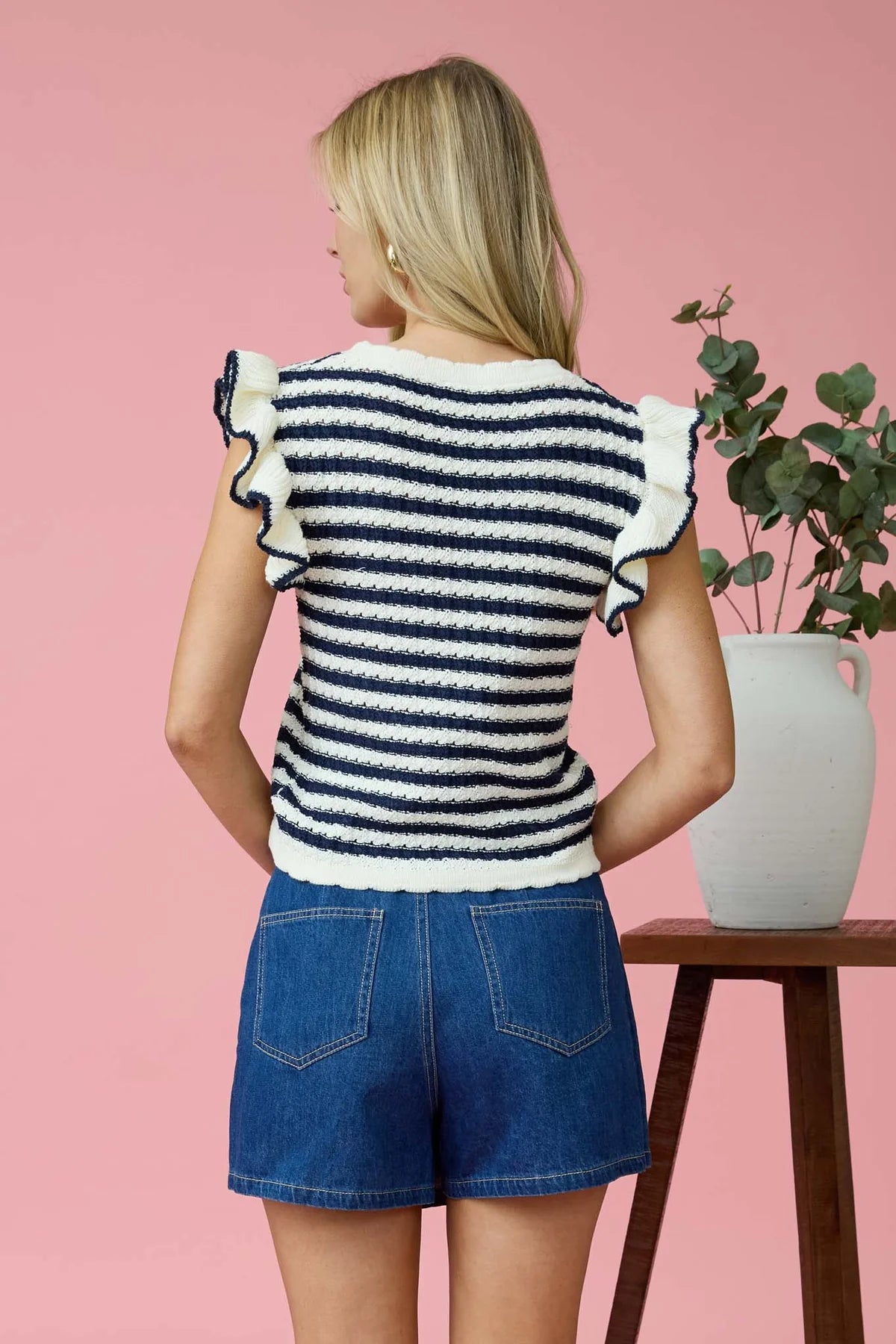 Stripe Short Sleeve Ruffle Top