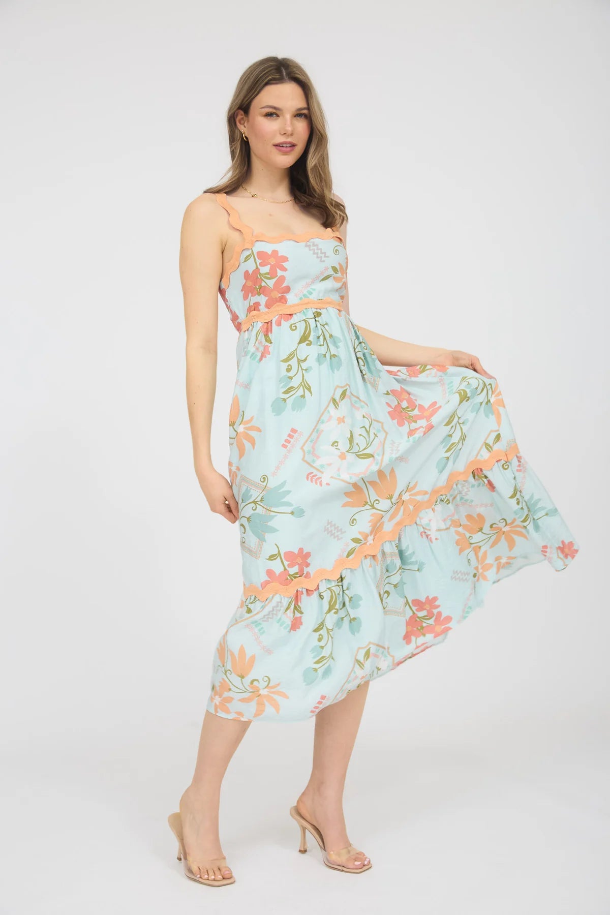 Floral Pattern Wavy Midi Dress