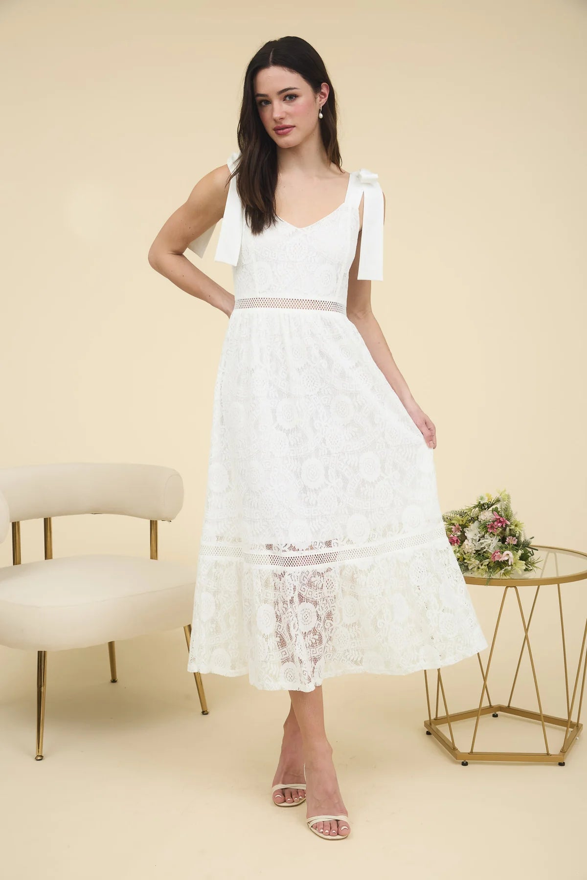 Lace and Tie Strap Midi Dress