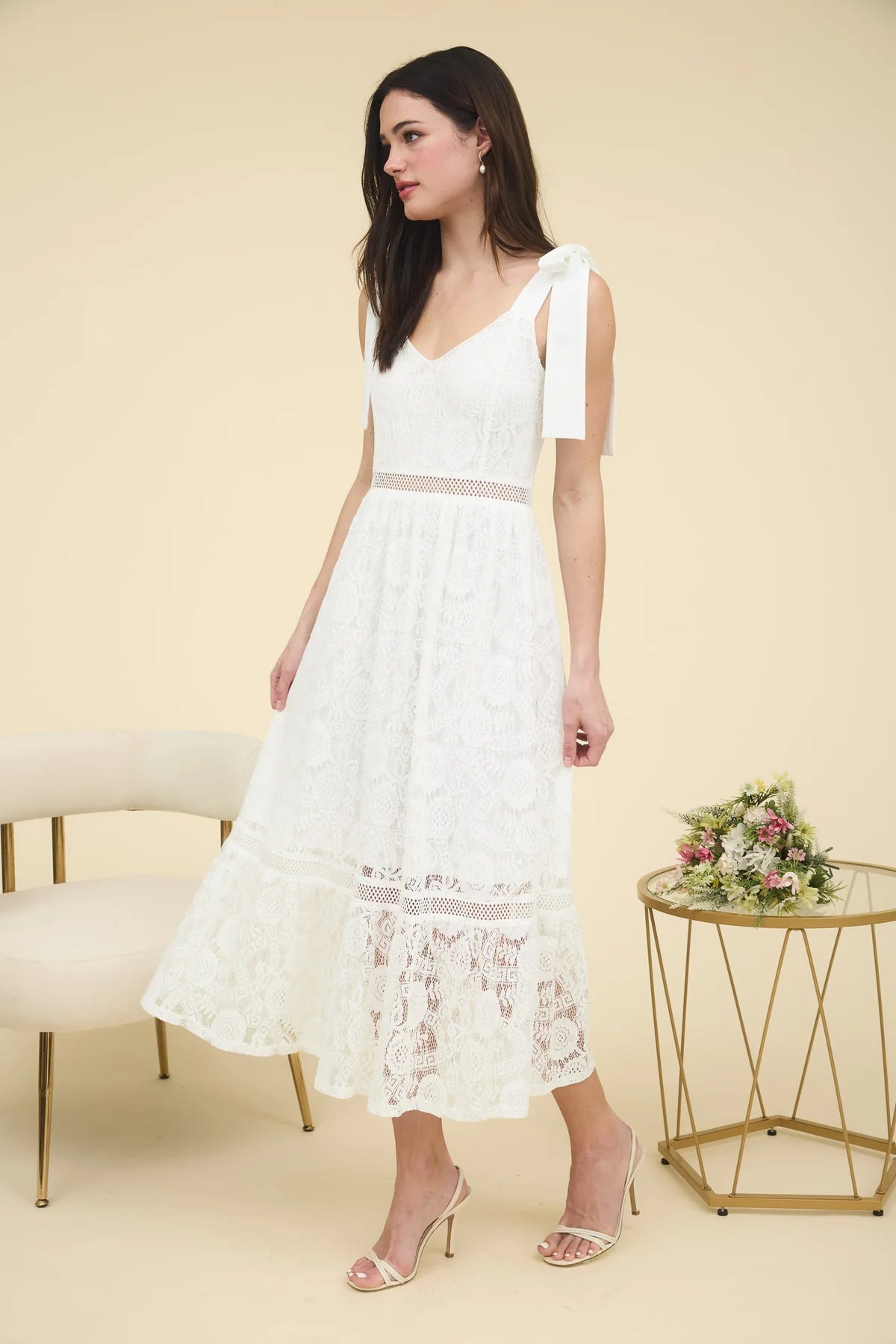 Lace and Tie Strap Midi Dress