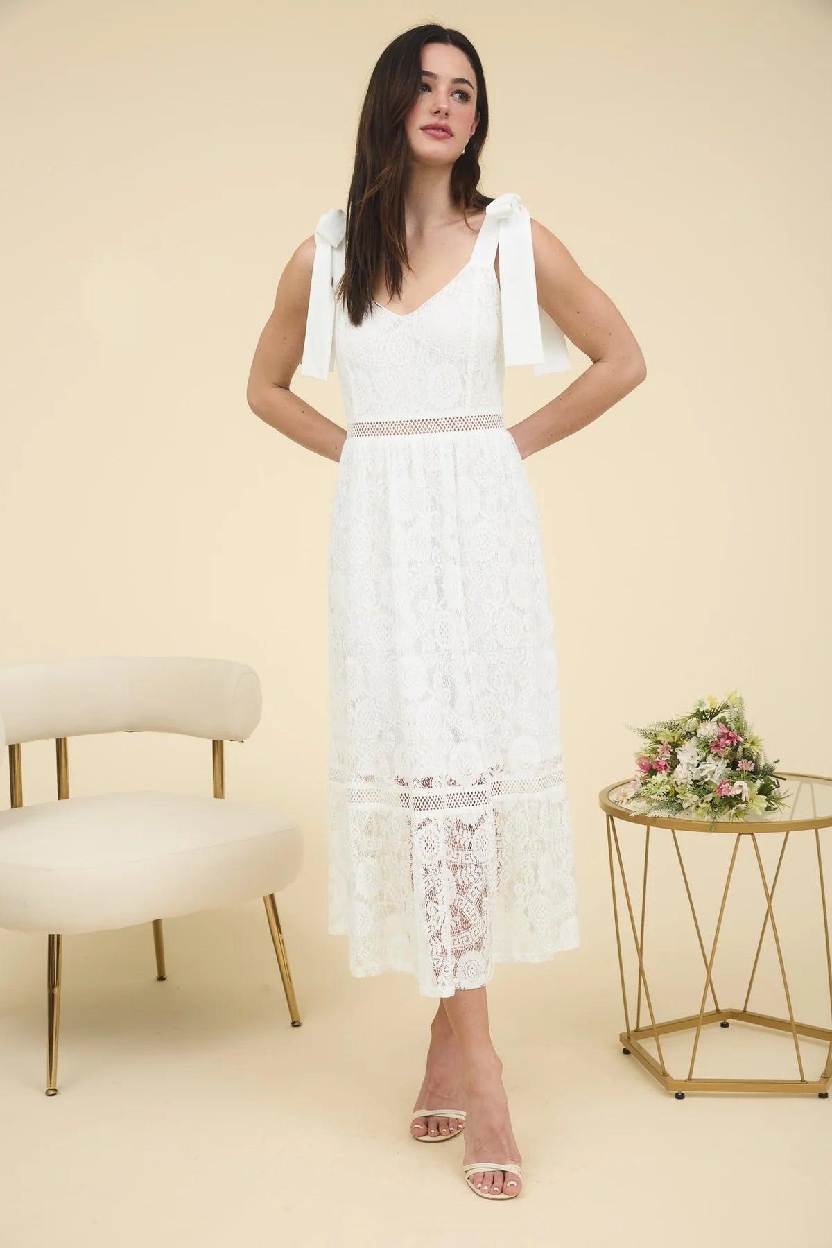 Lace and Tie Strap Midi Dress