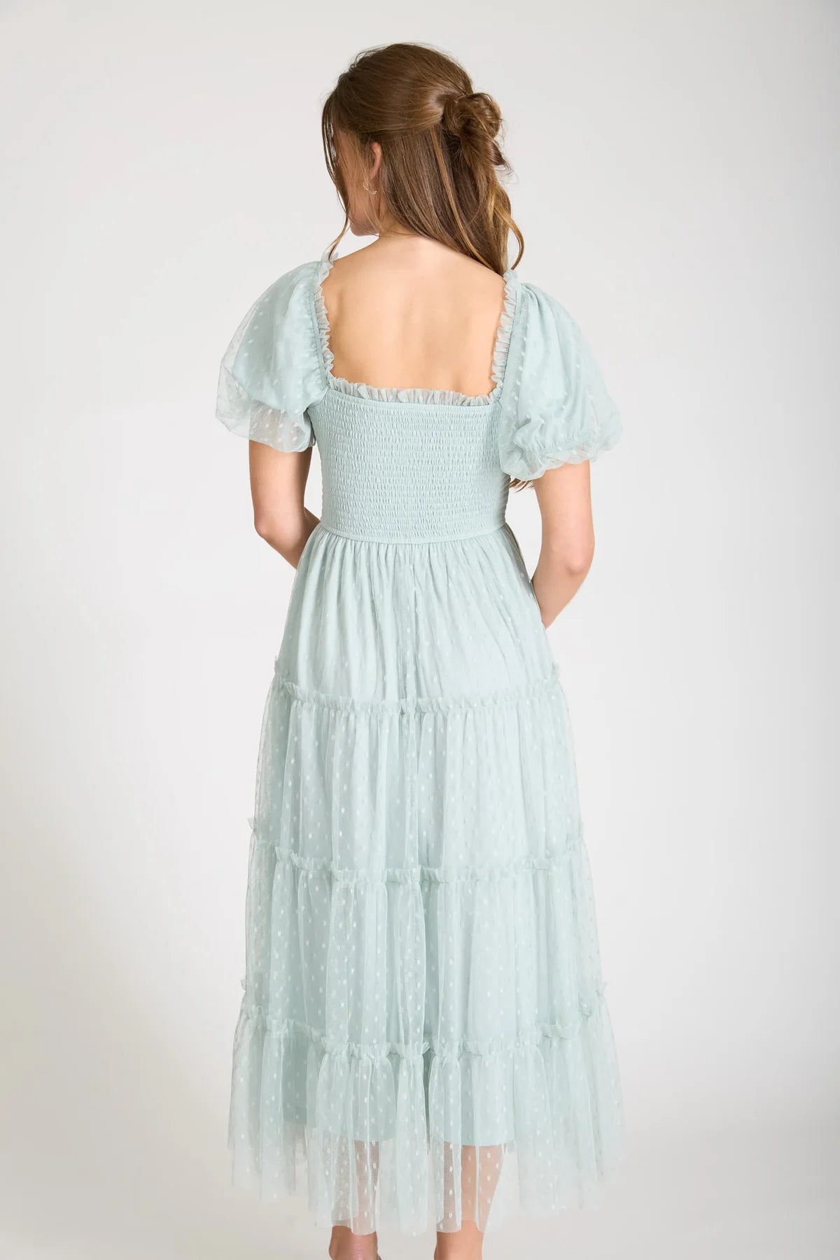 Polka Dot Puff Sleeve Tulle Midi Dress