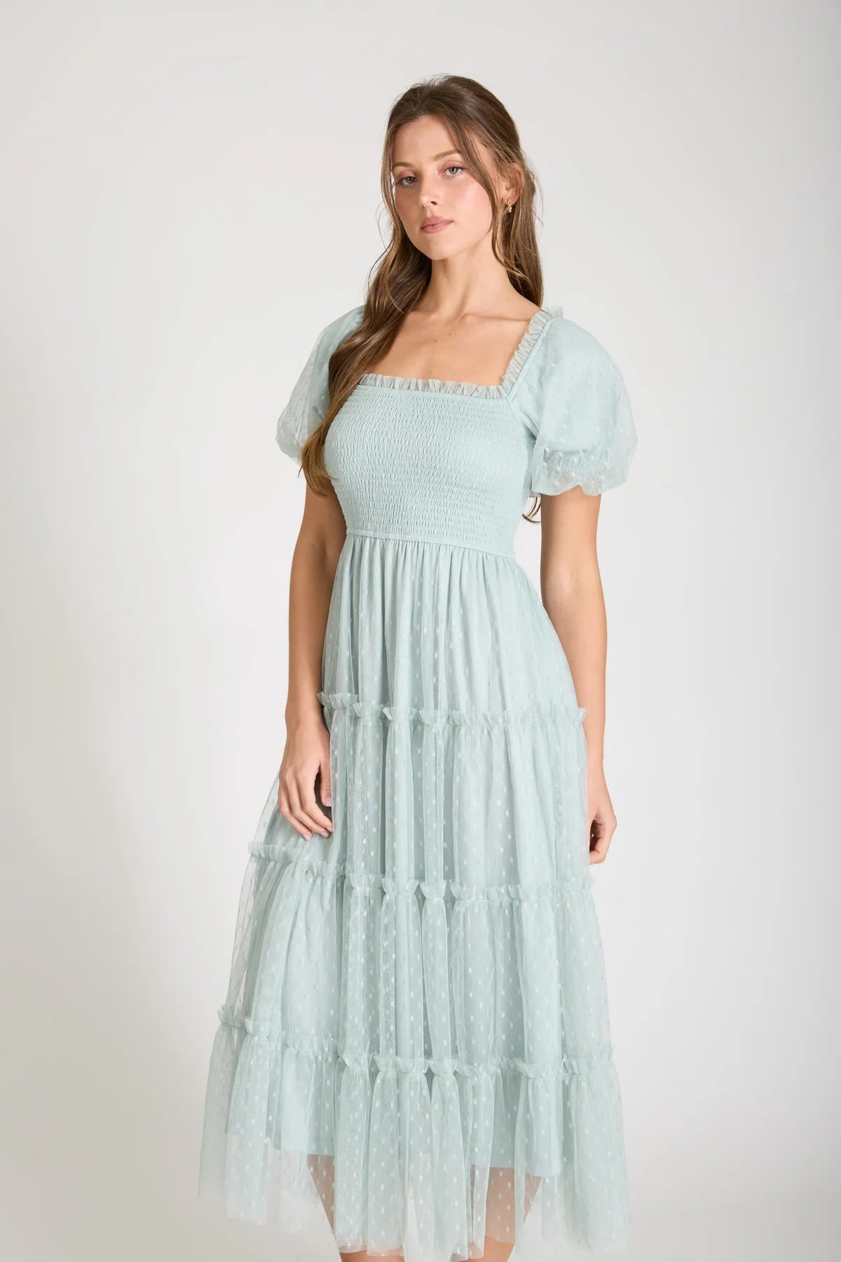 Polka Dot Puff Sleeve Tulle Midi Dress