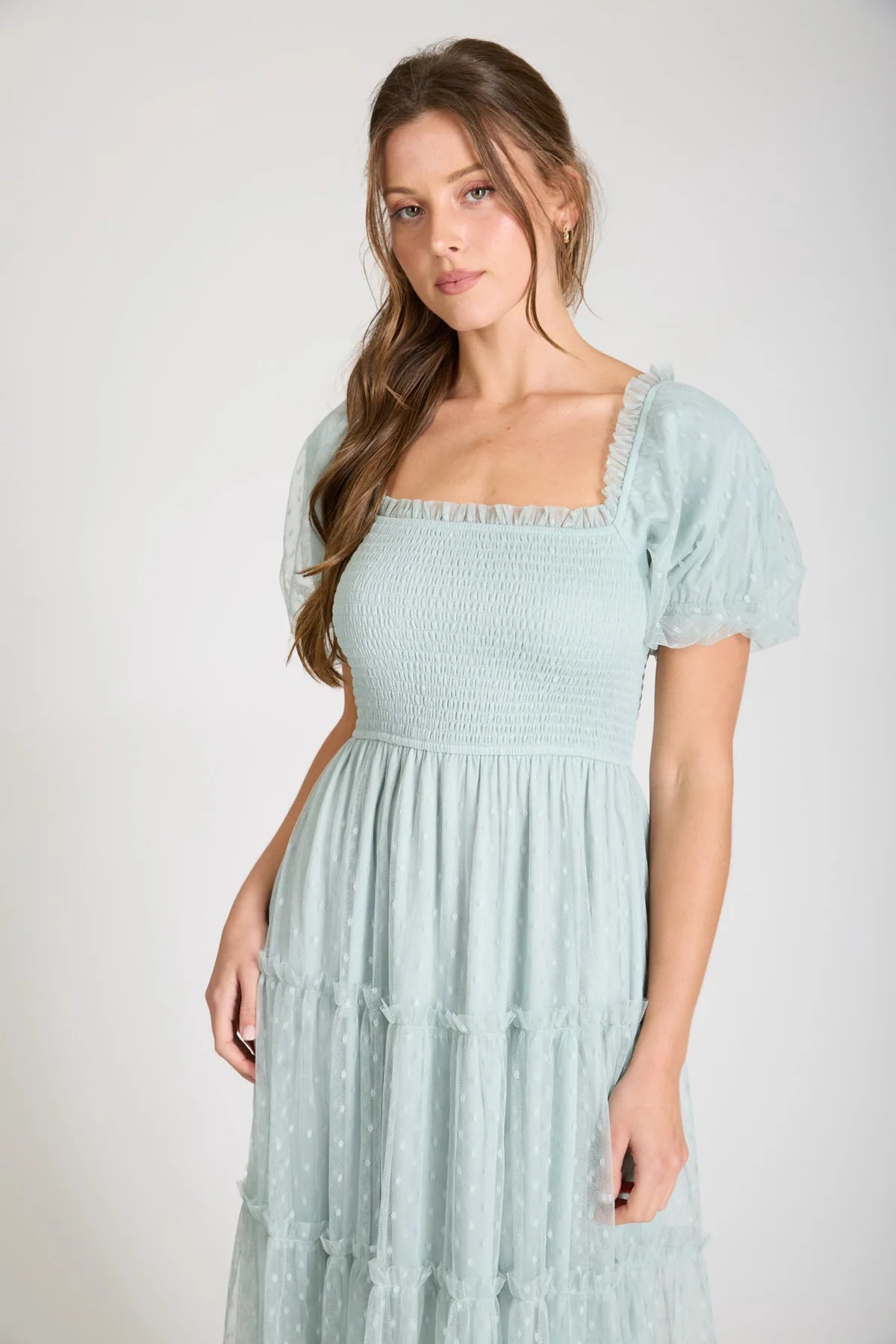 Polka Dot Puff Sleeve Tulle Midi Dress