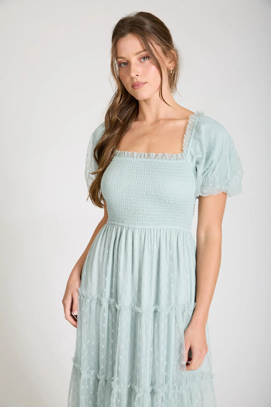 Polka Dot Puff Sleeve Tulle Midi Dress
