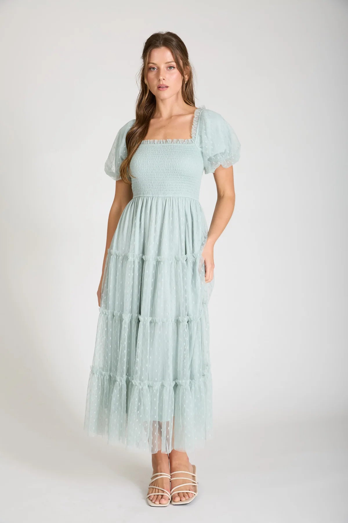 Polka Dot Puff Sleeve Tulle Midi Dress