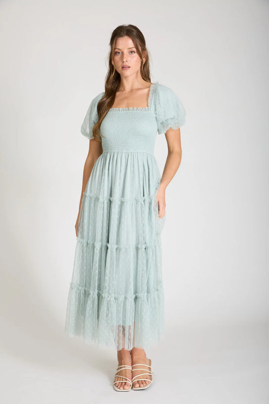 Polka Dot Puff Sleeve Tulle Midi Dress