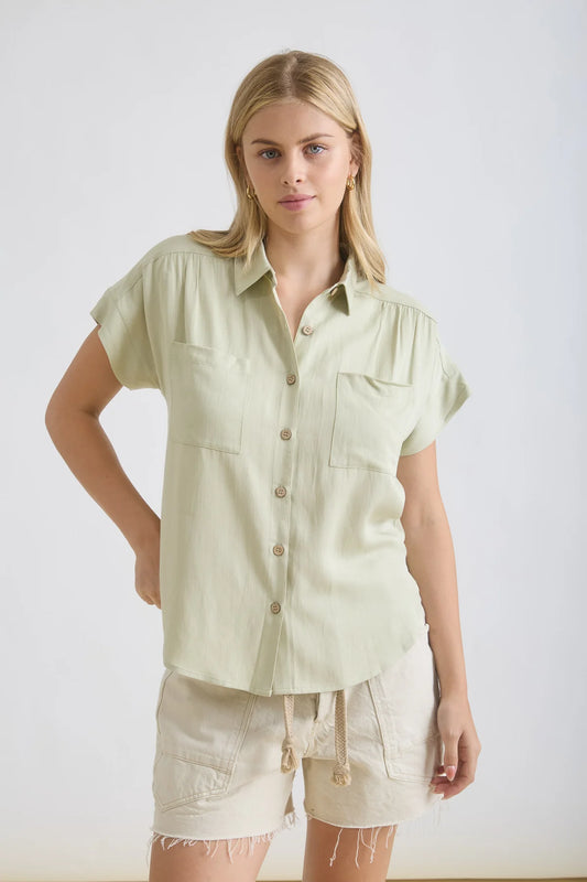 Collared Ruched Shoulder Short Sleeve Shirt