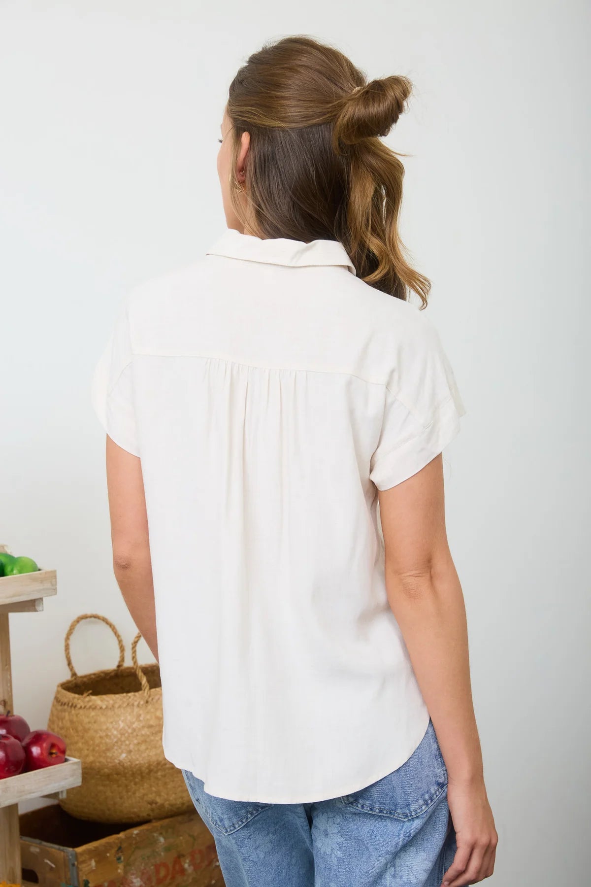 Collared Ruched Shoulder Short Sleeve Shirt