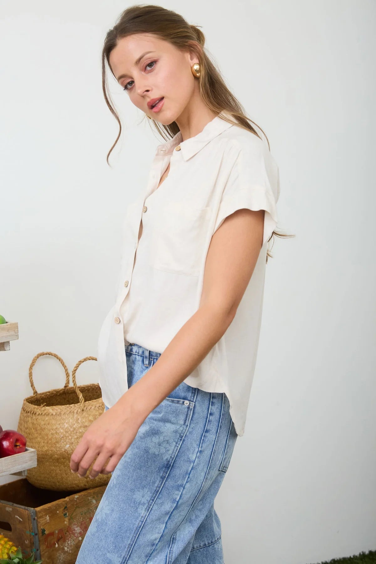 Collared Ruched Shoulder Short Sleeve Shirt