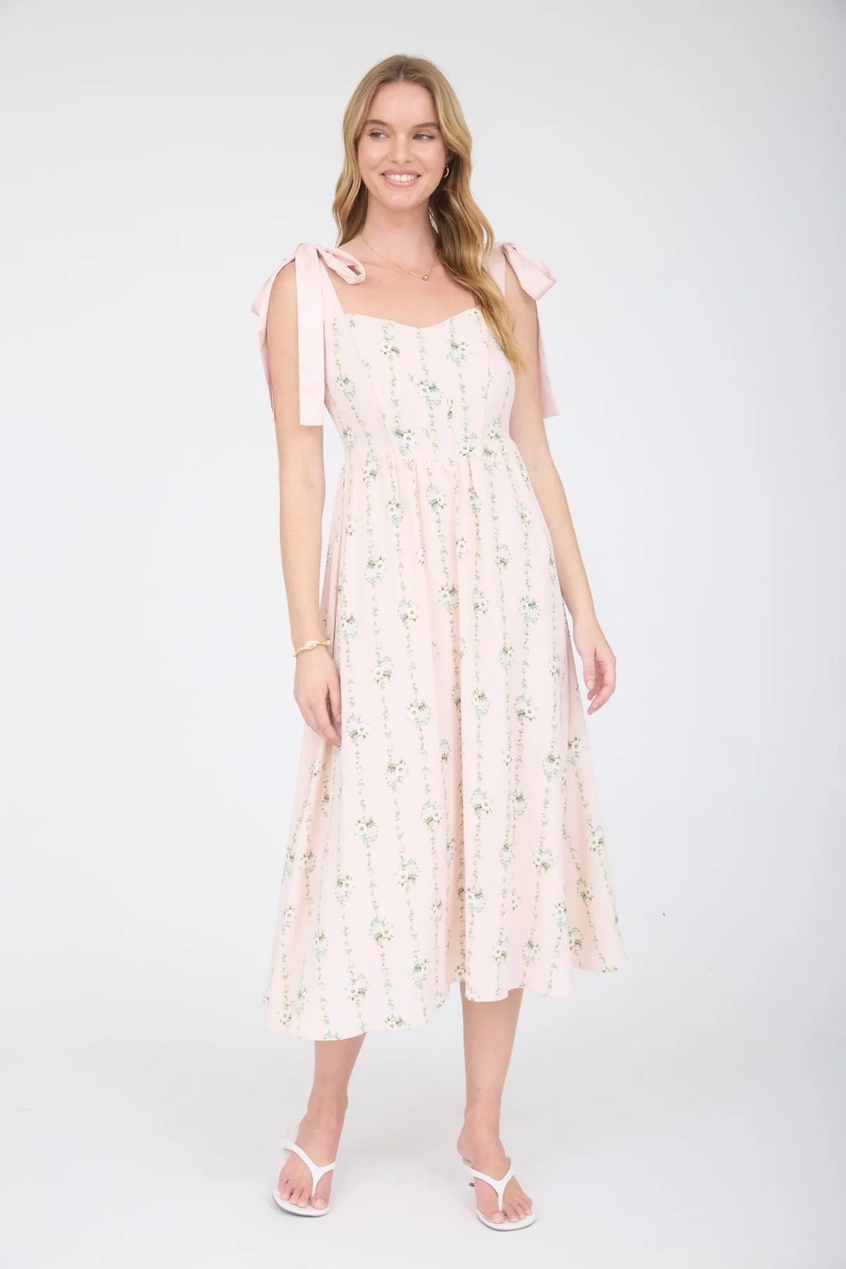 Floral Tie Strap Corset Midi Dress