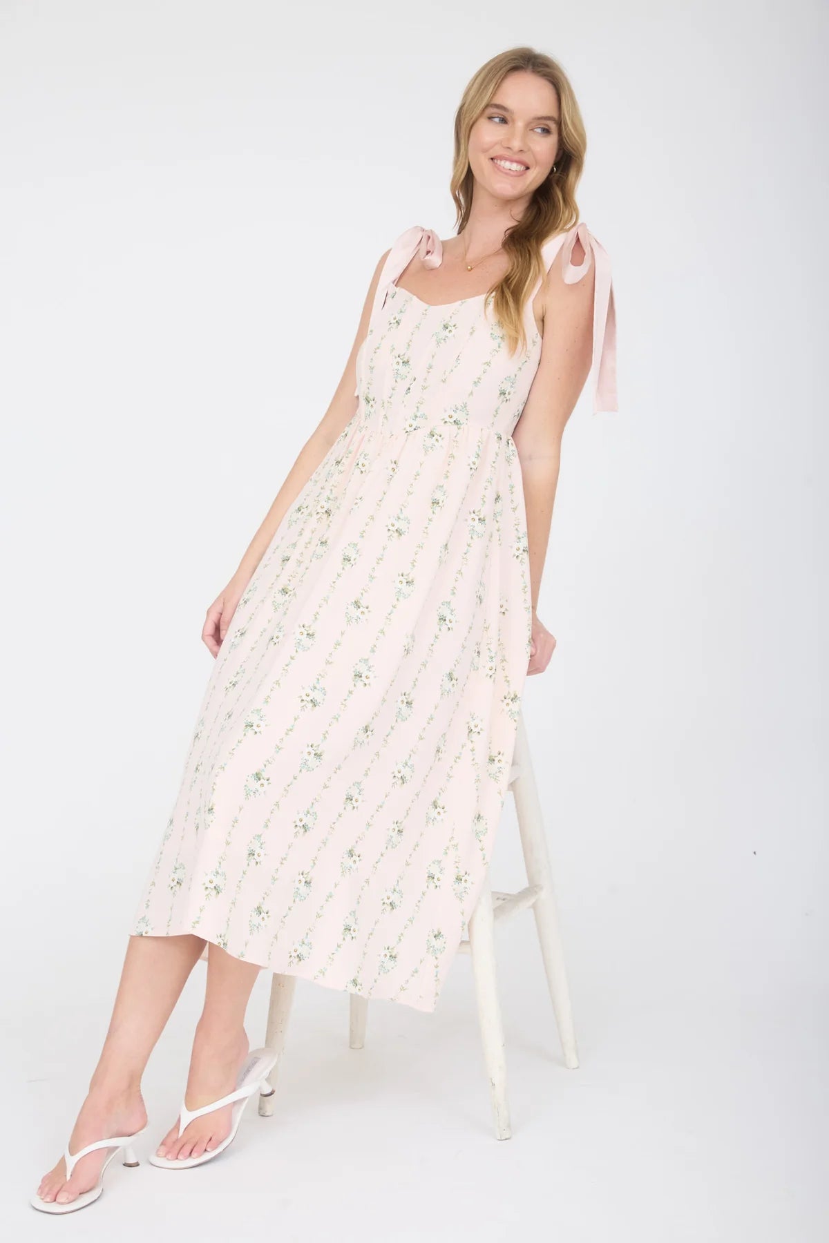 Floral Tie Strap Corset Midi Dress