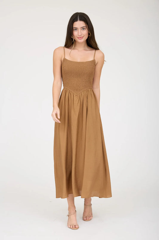 Smocked Basque Waist Spaghetti Strap Dress
