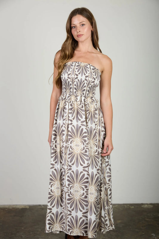Demask Pattern Strapless Smocked Midi Dress