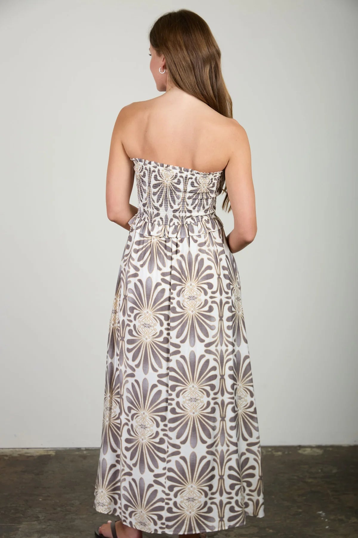 Demask Pattern Strapless Smocked Midi Dress