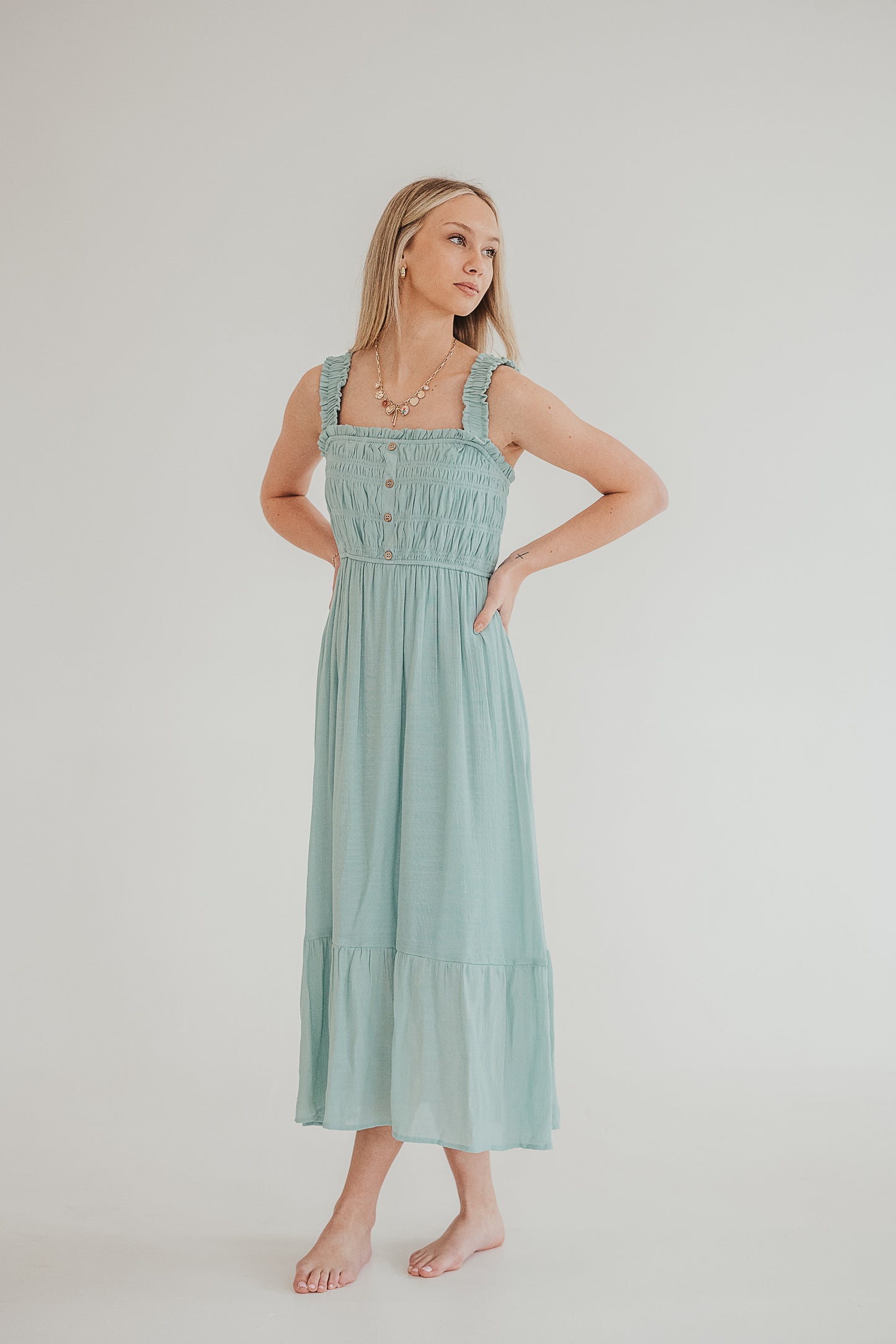 Smocked Faux Button Midi Dress