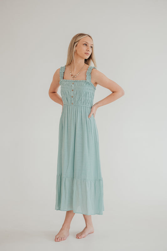 Smocked Faux Button Midi Dress