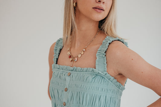 Smocked Faux Button Midi Dress