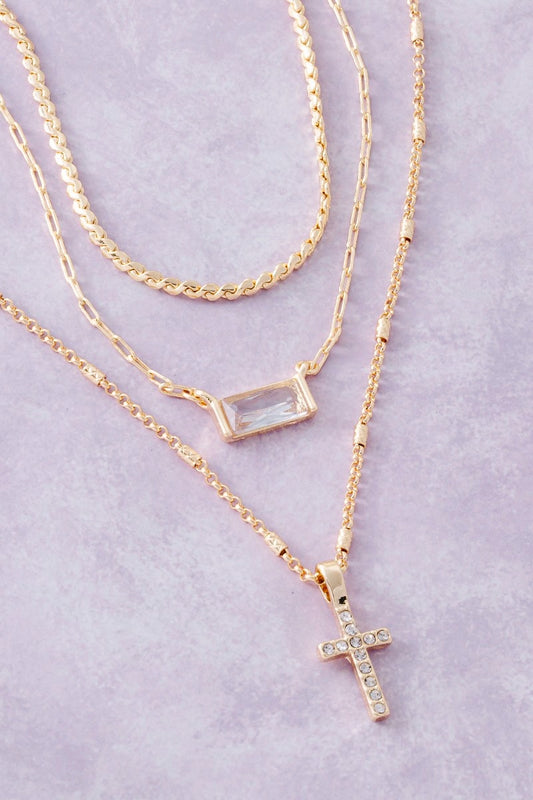 Triple Layered Chain Pave Charm Necklace