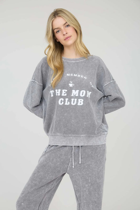 Ribbed Knit Crew Neck Mom Club Graphic