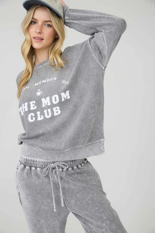 Ribbed Knit Crew Neck Mom Club Graphic